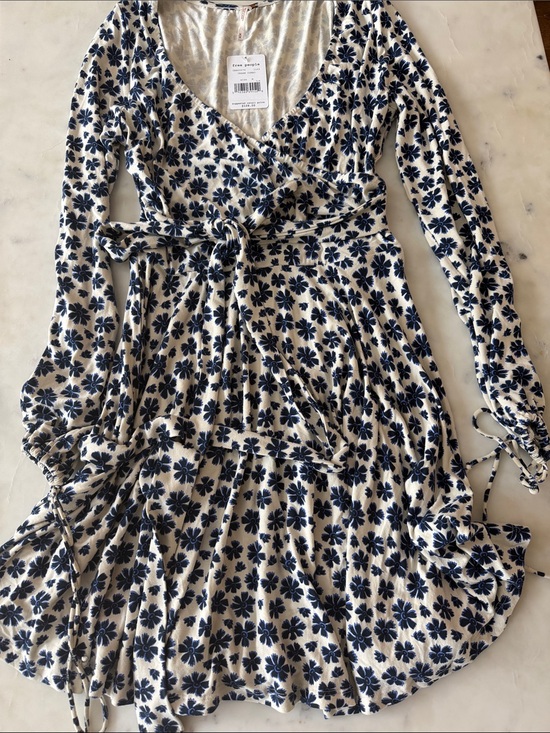 Free People Dresses & Skirts - Free People Floral Faux Wrap Dress - Cream with Navy Flowers